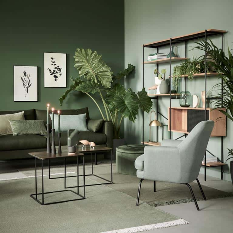 A green hall with sofa plant and table