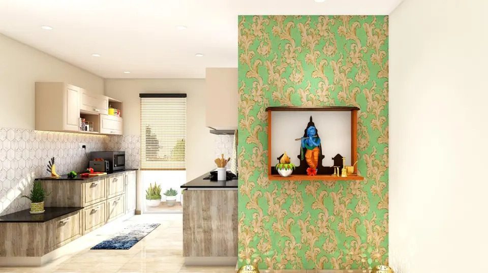 A pooja room with green and yellow patterns on wall and storage