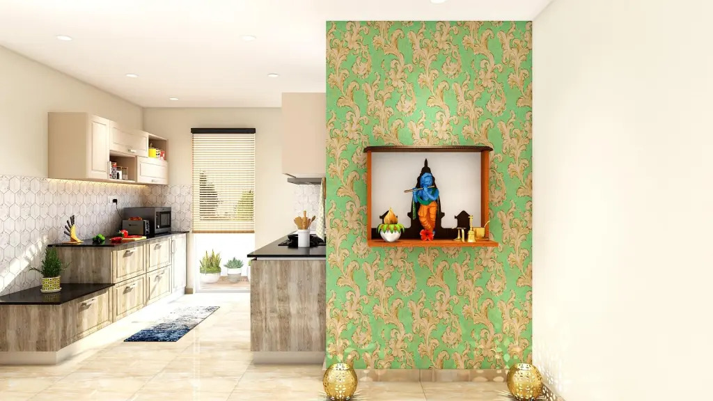 A pooja room with green and yellow patterns on wall and storage