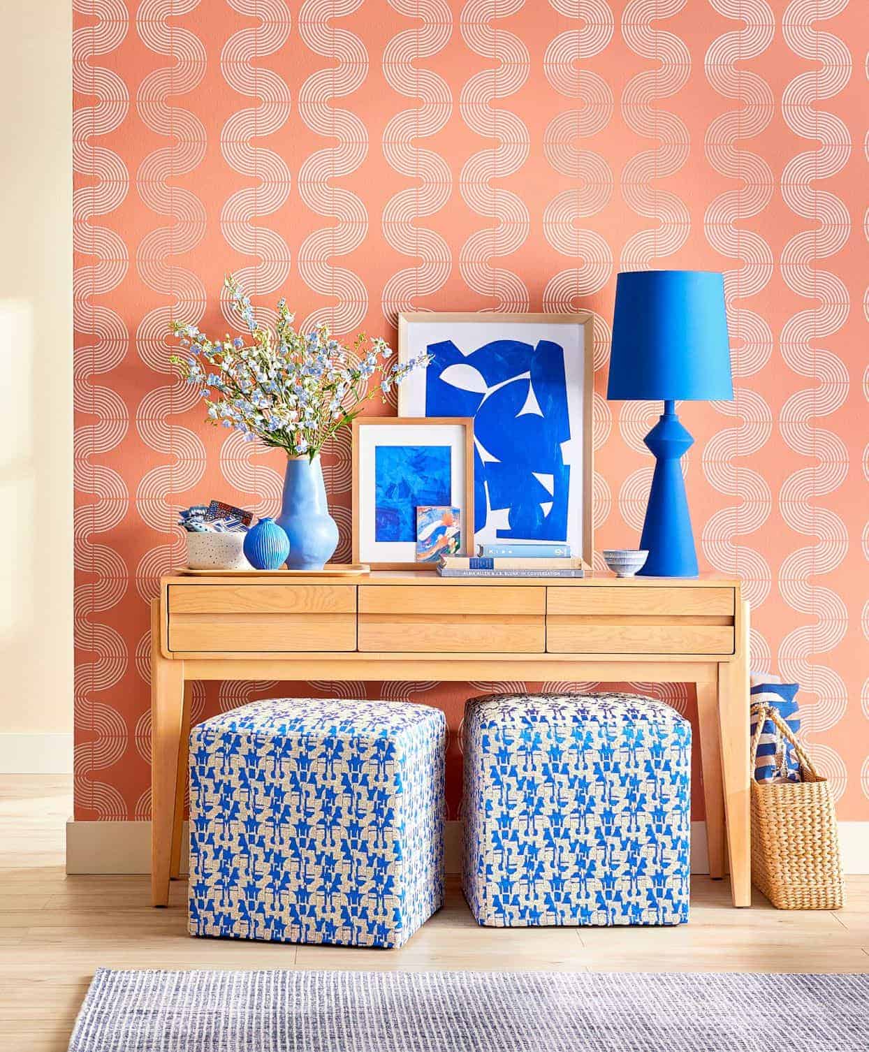 Peach coloured wall paint design with table and seating