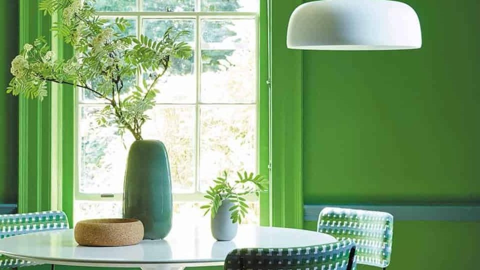 White and green dining area with table and hanging light