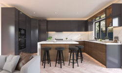 black modular kitchen interior design with a simple kitchen island with chairs