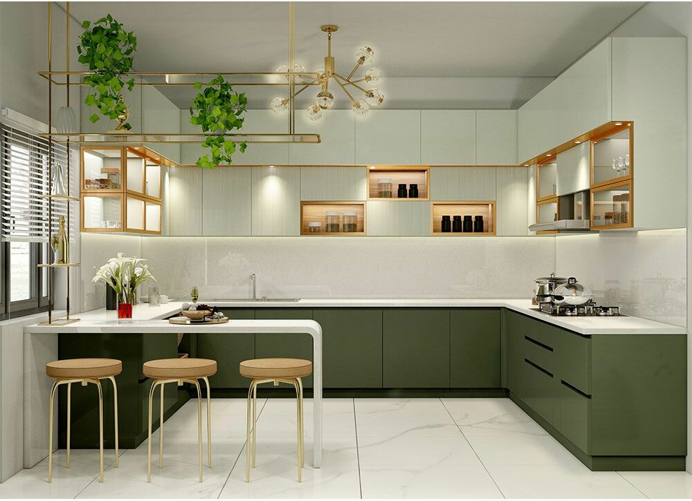 green L shape kitchen layout with green cabinets, appliances and kitchen island