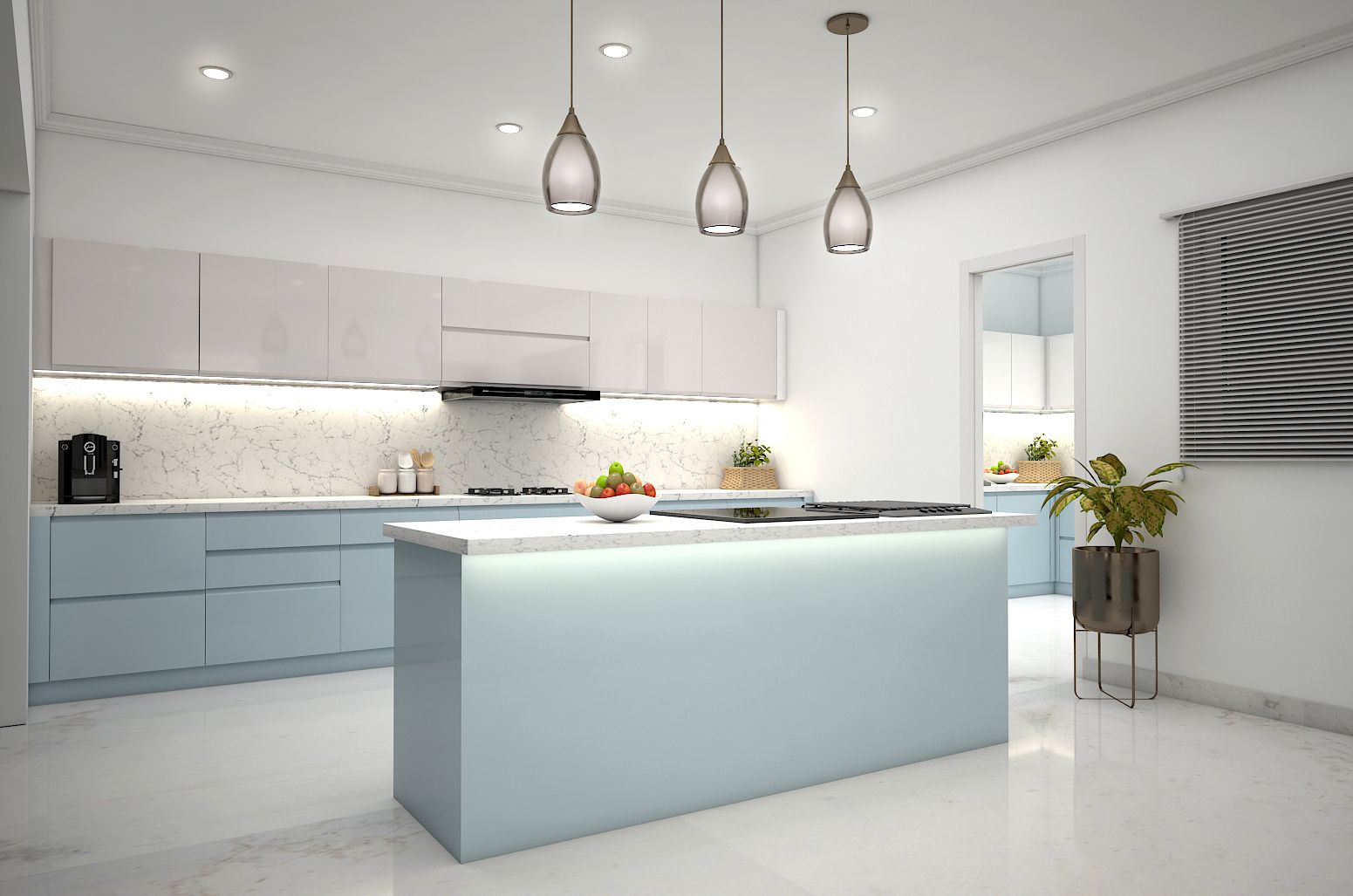 blue kitchen design with a kitchen island and decorative lighting