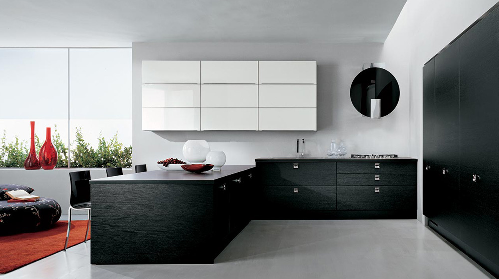 black kitchen design with cabinets, cupboards and appliances
