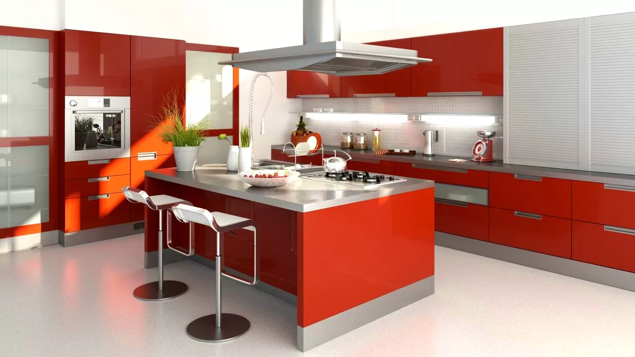 red kitchen design with a kitchen island, chimney, chairs and appliances