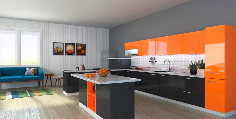 grey kitchen with a kitchen island, cabinets and appliances