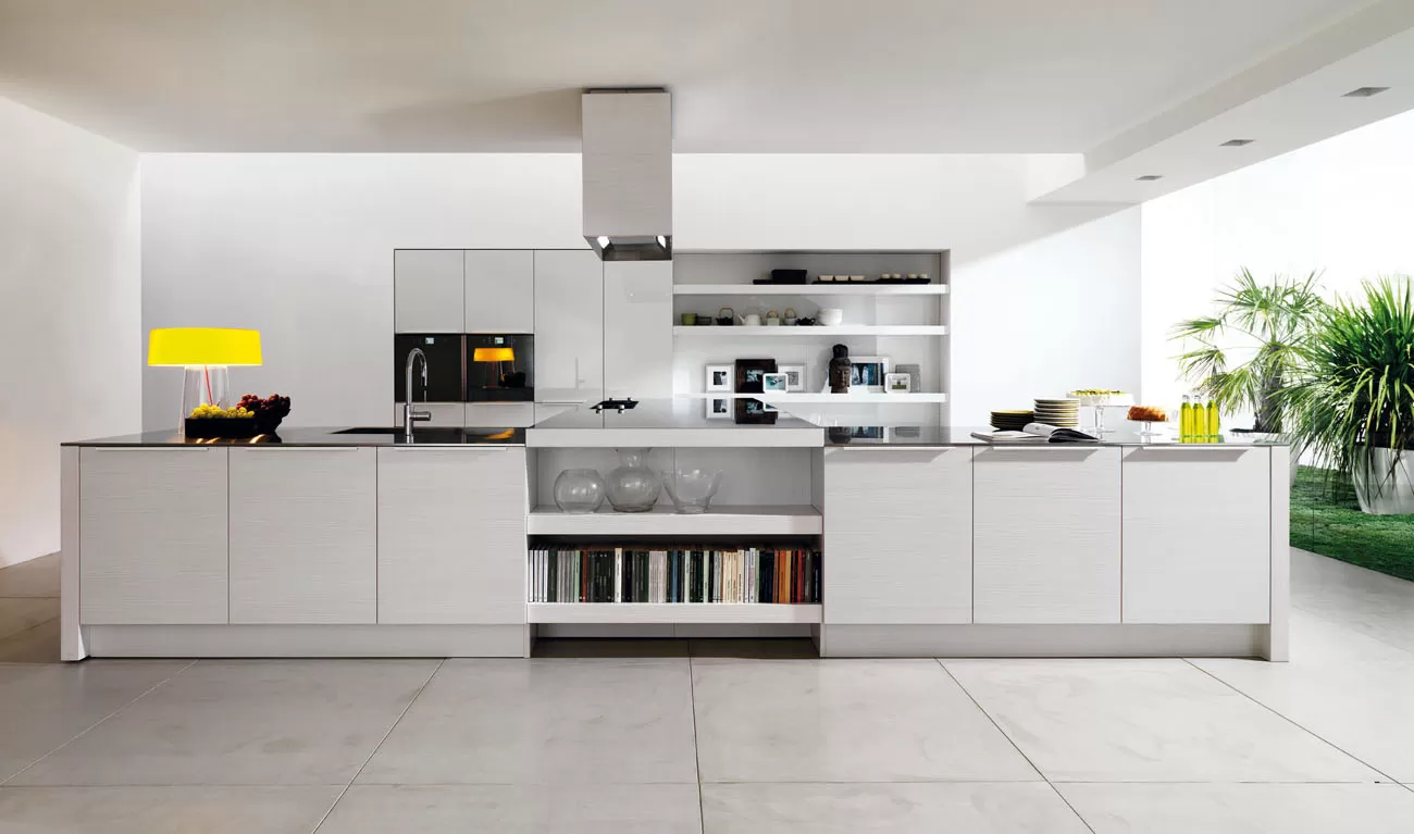 white kitchen design with a chimney, white cabinets, cupboards and appliances