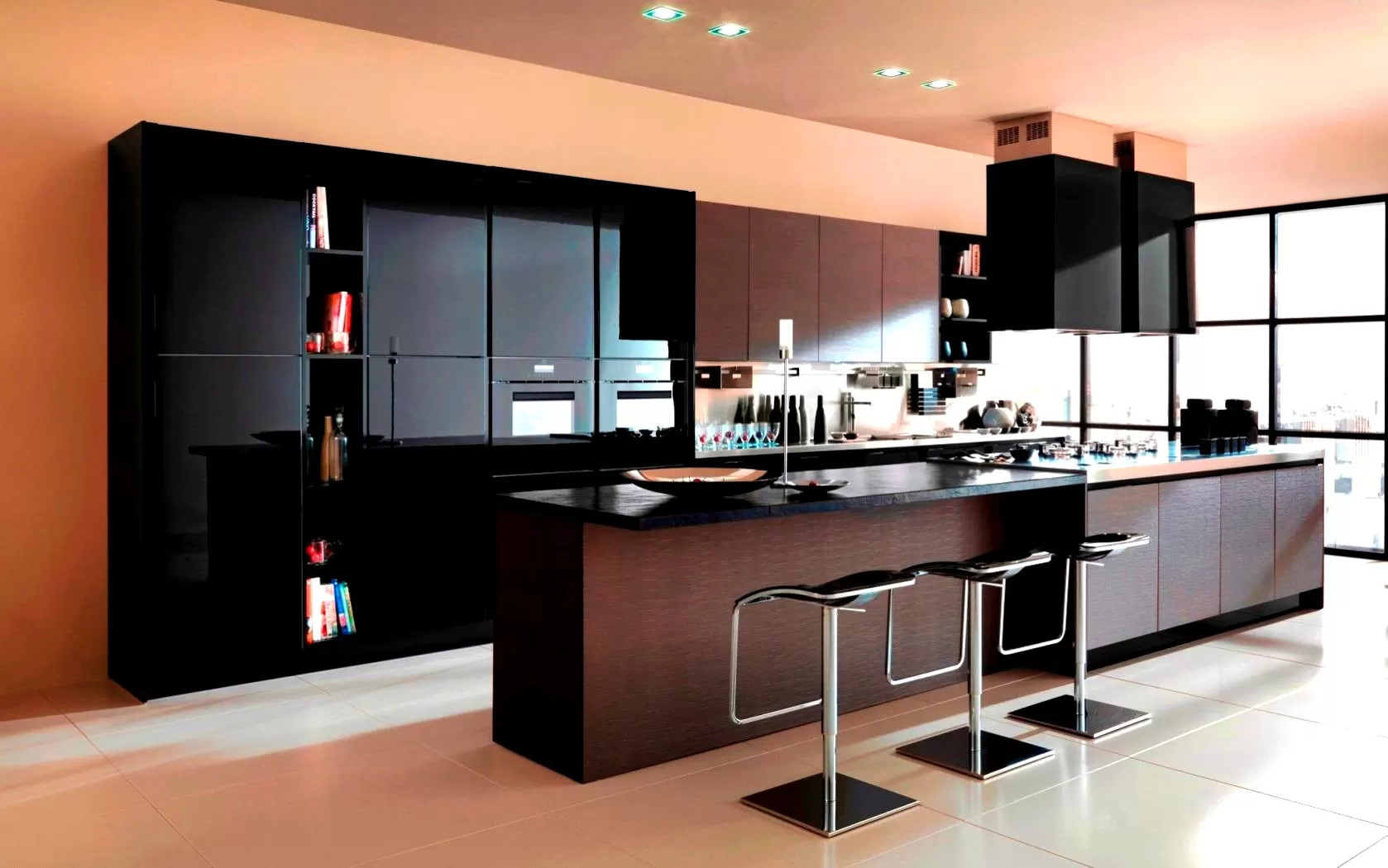brown modular kitchen design with a kitchen island, 3 chairs and appliances