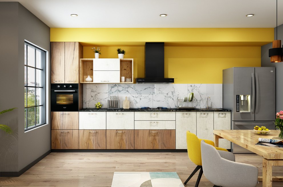 dual toned kitchen cabinets in a kitchen with appliances, chair, table and cupboards