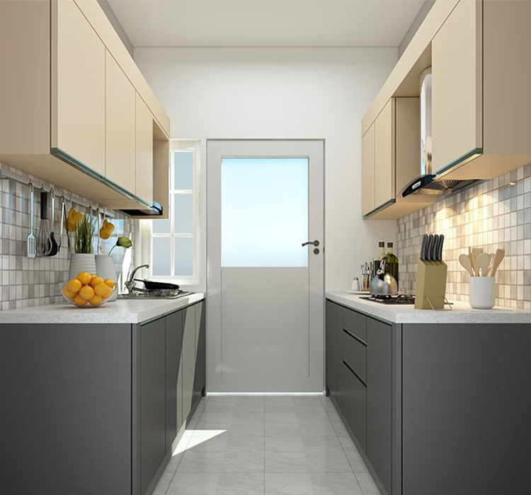 white parallel kitchen layout with cabinets, cupboards and appliances