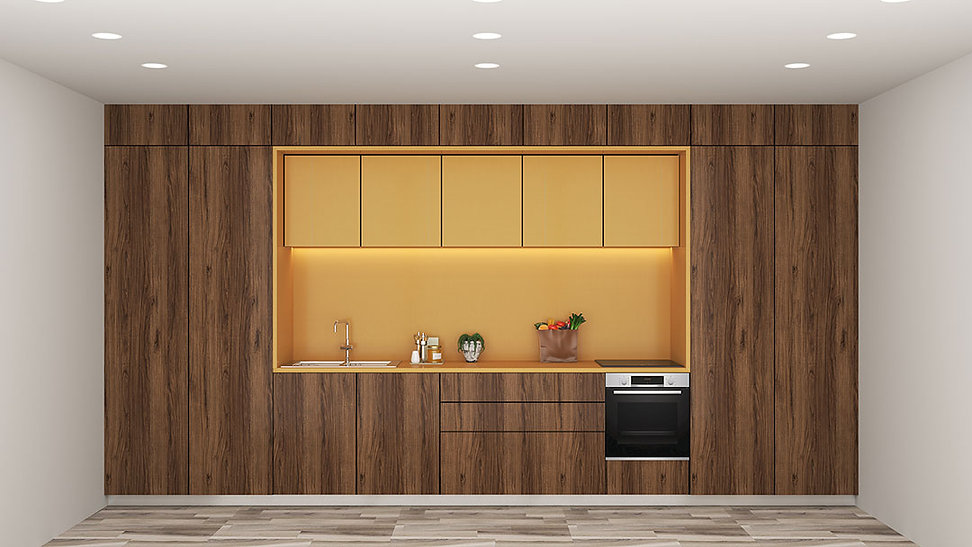 brown straight kitchen design with cabinets and appliances