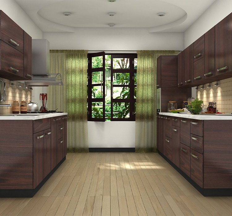 brown parallel kitchen design with brown wooden floors, cabinets and cupboards