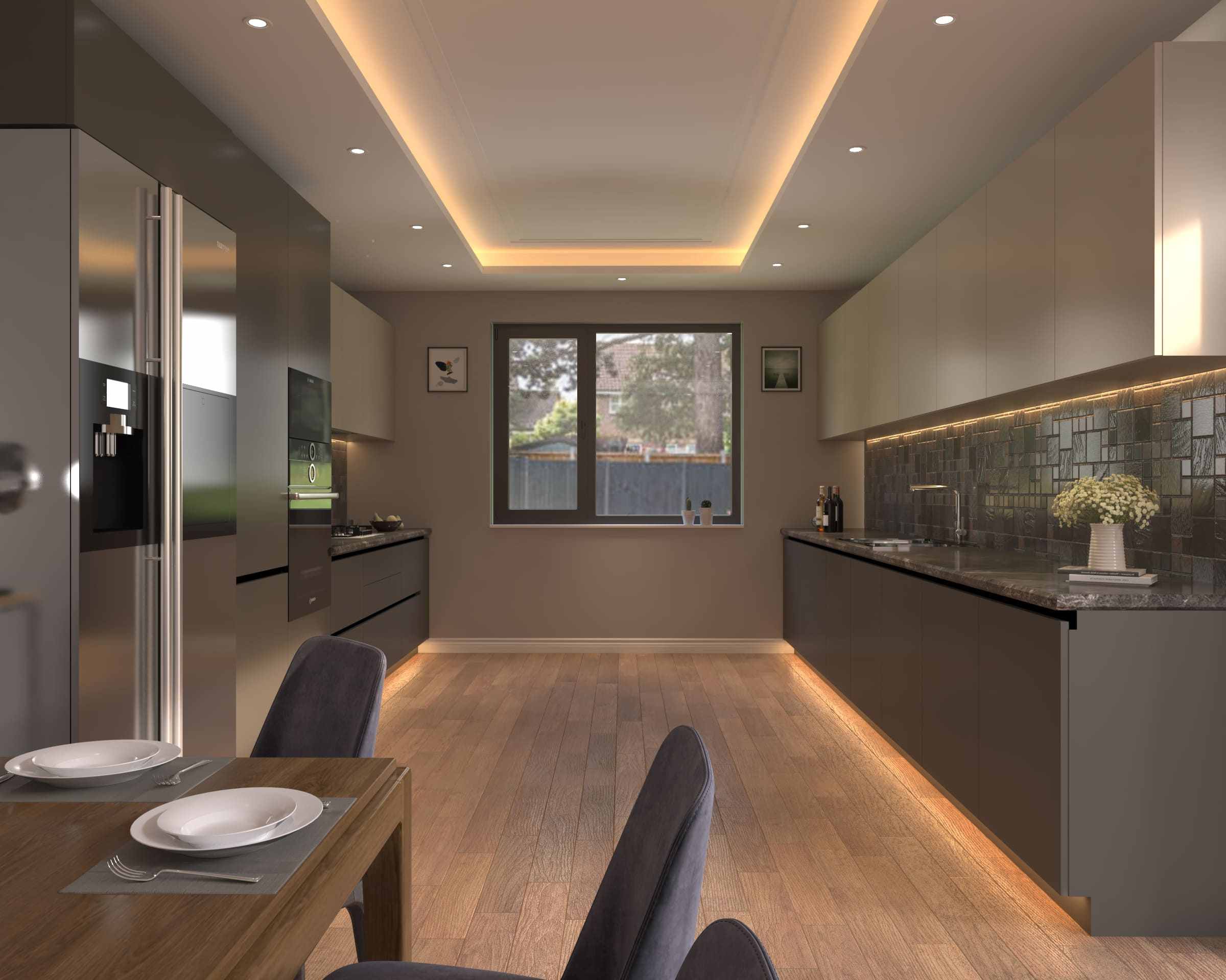 grey parallel layout with appliances and false ceiling