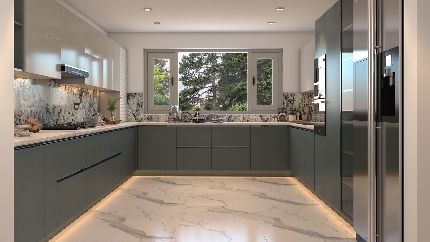 green cooking ،e with marble flooring, cabinets and appliances