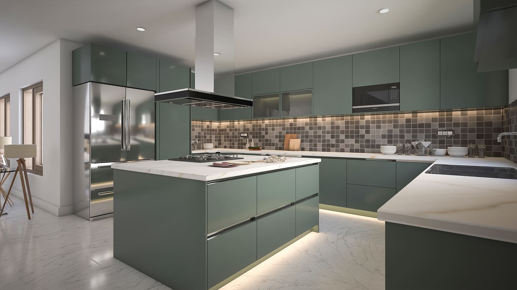 green cooking ،e with a kitchen island, chimney, cabinets and appliances