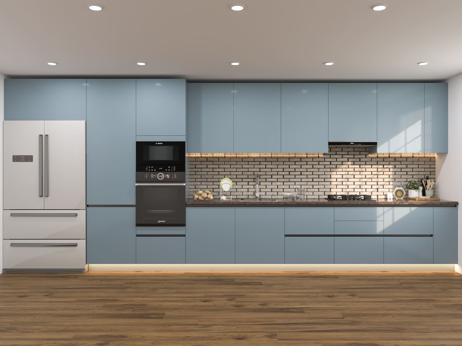 blue cooking ،e with cabinets, cupboards, appliances and brown wooden flooring
