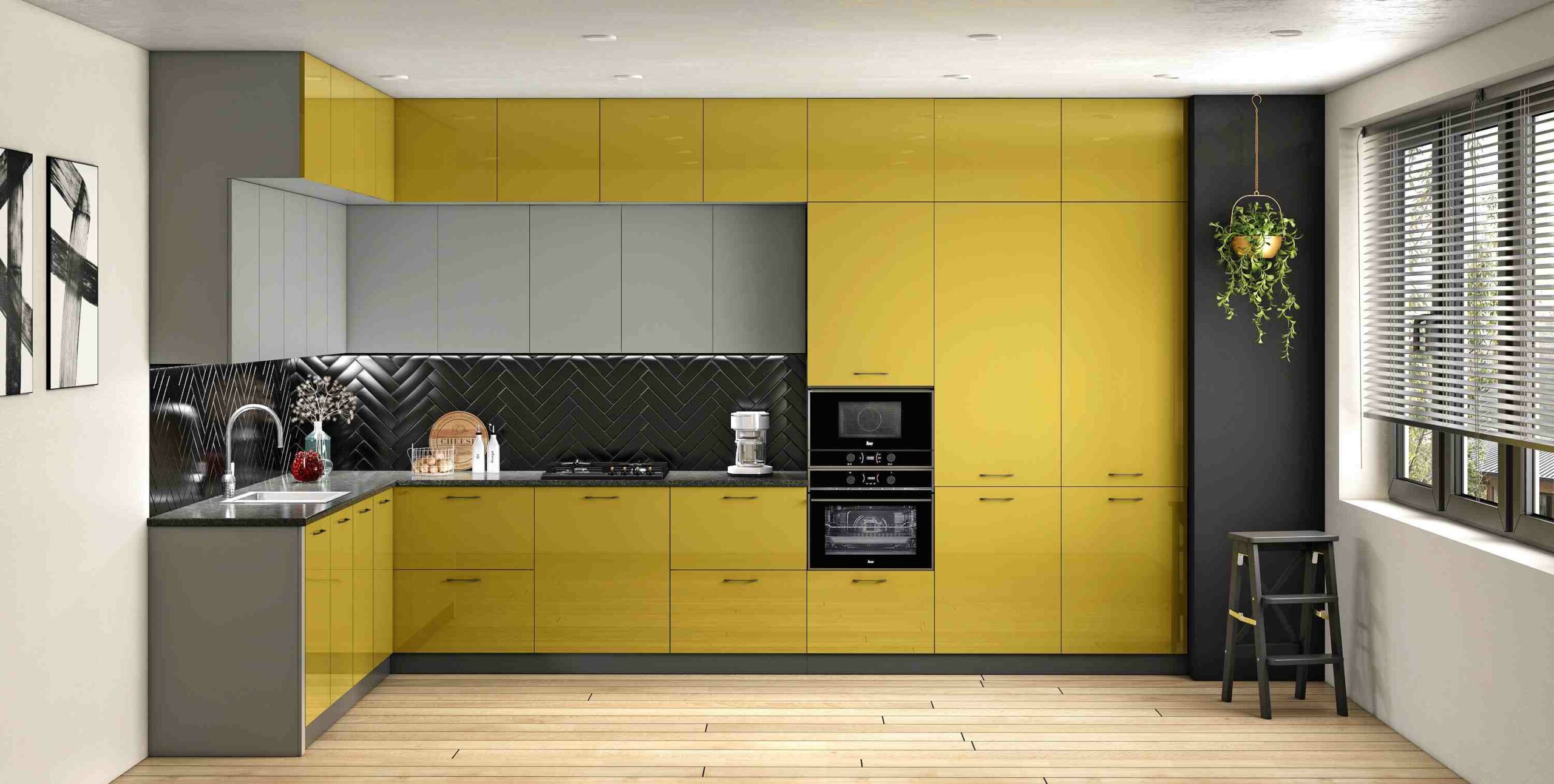 yellow L-shape layout with appliances, cabinets and cupboards