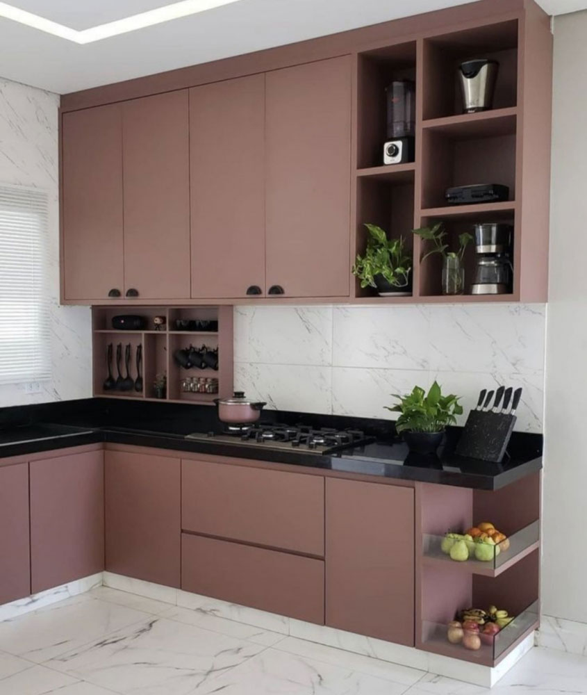 brown cabinets and cupboards with plants