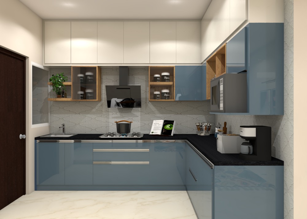 blue l shaped layout with cabinets, cupboards and appliances