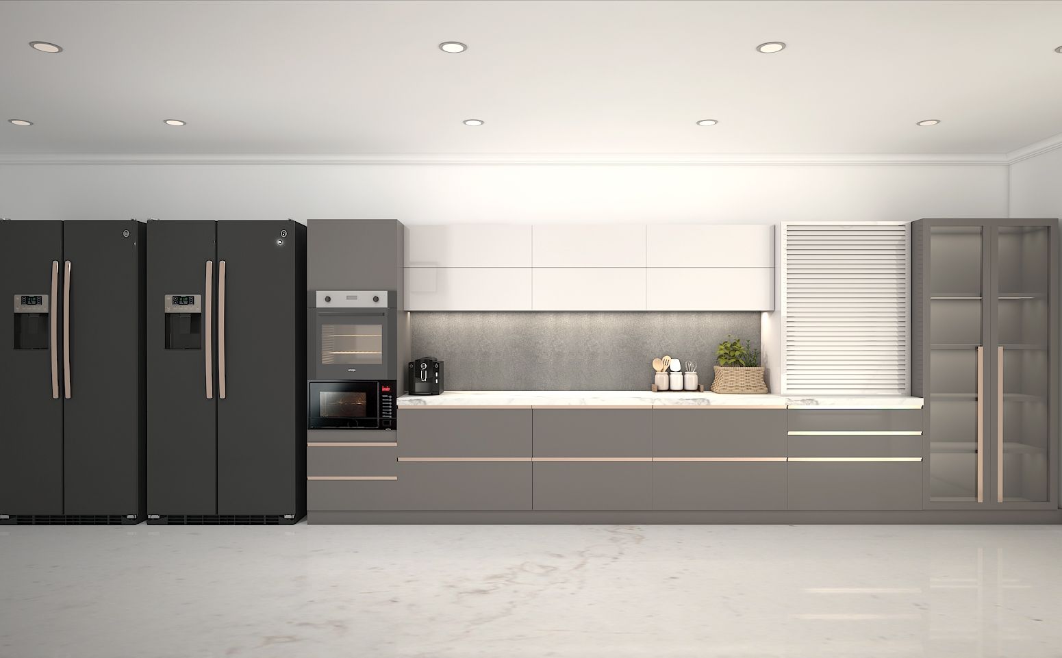 white modular kitchen design in a straight kitchen layout with grey cabinets