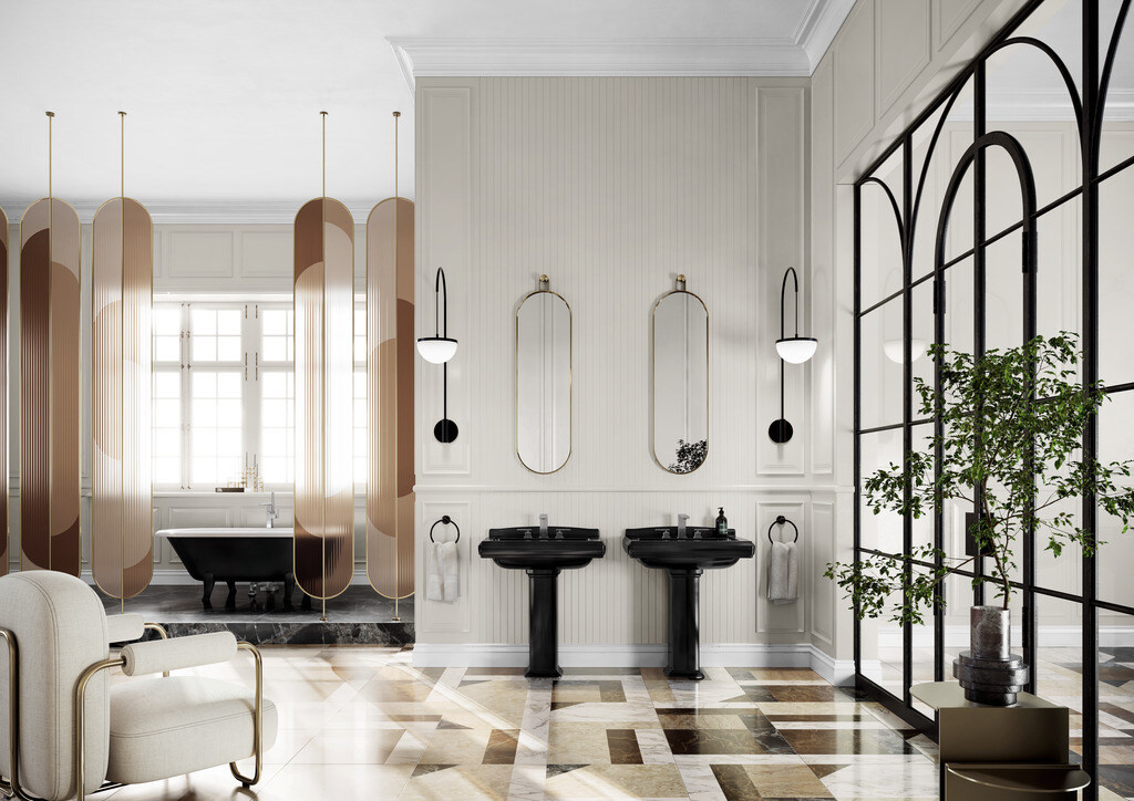Villeroy & Boch's Hommage collection comprising of premium pedestal washbasin, freestanding bath, furniture & mirror
