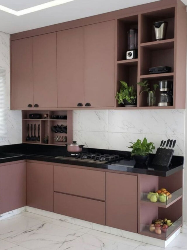 brown kitchen cabinets and cupboards with plants