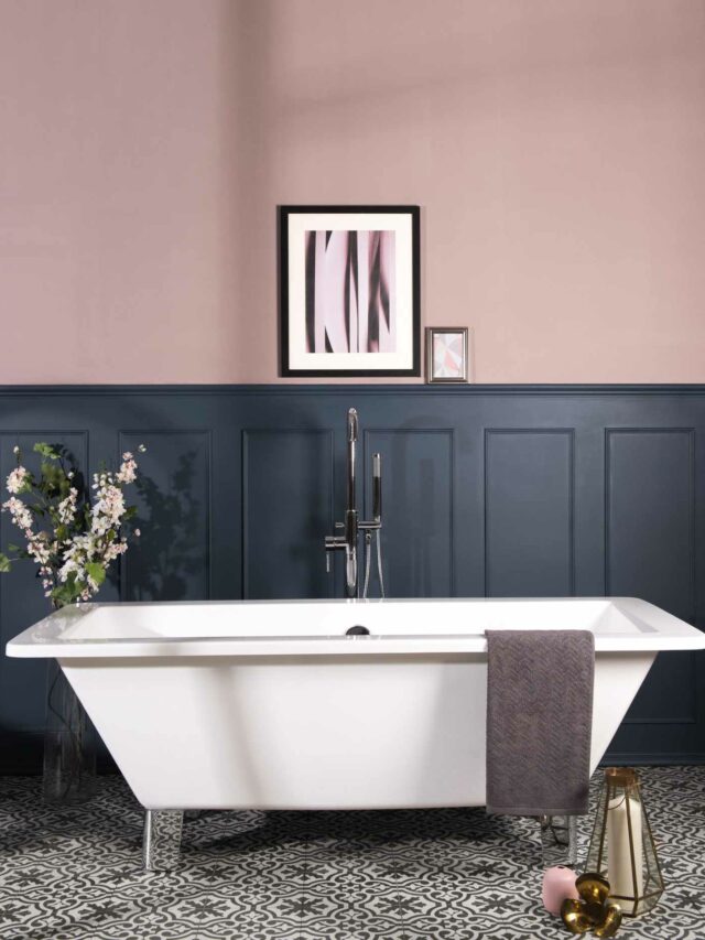 modern bathroom design with blue and dusty pink half-and-half wall with white bathtub