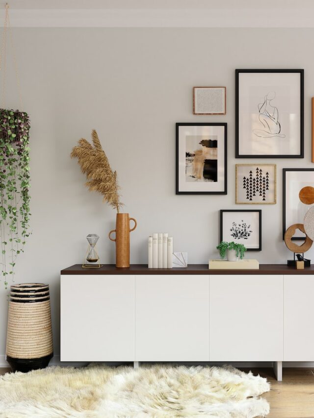 sideboard, photo frame gallery, vase, flooring