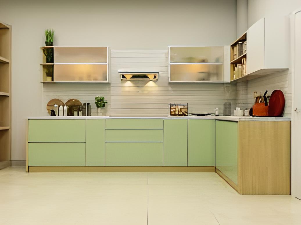 green modular kitchen design with cabinets and cupboards
