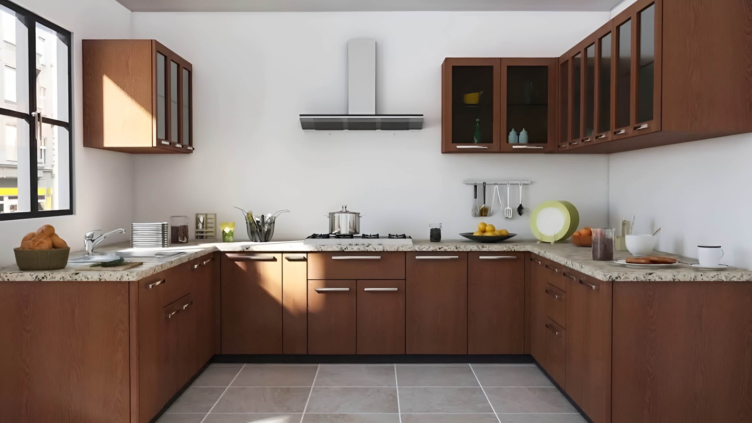 u shaped kitchen design with brown cabinets, cupboards and appliances