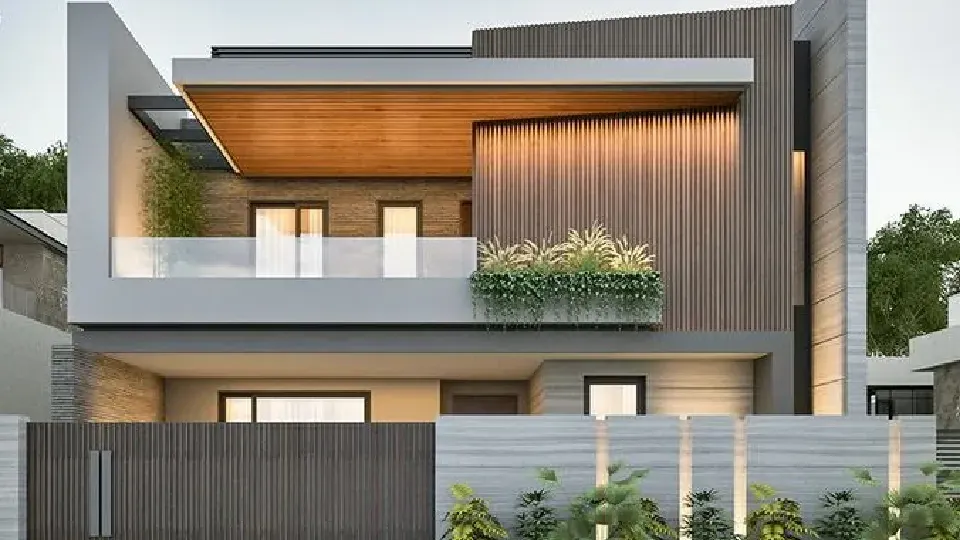 front elevation housing design with wood, wood accents, stylish exterior