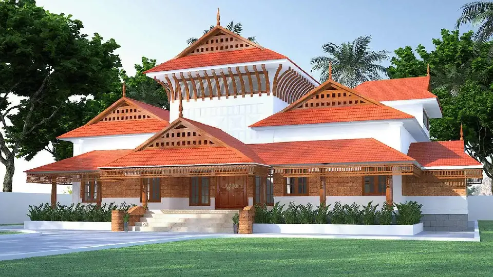 home designing front, kerala style building elevation design, wooden accents, grass around