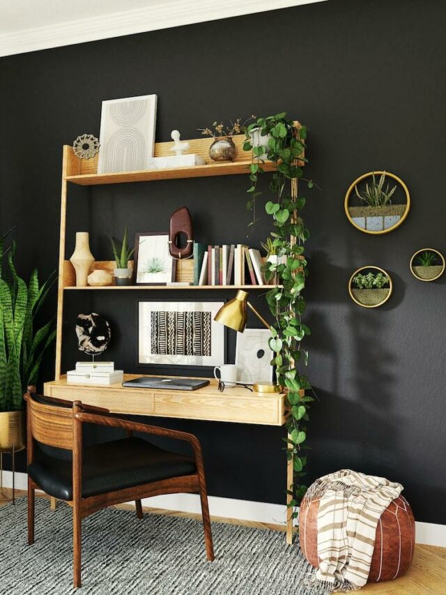 ladder desk, indoor plants, rug, chair, curtain, books