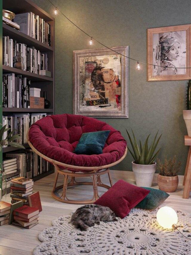 reading nook, fairy lights, comfortable chair, rug, bookshelf, lights