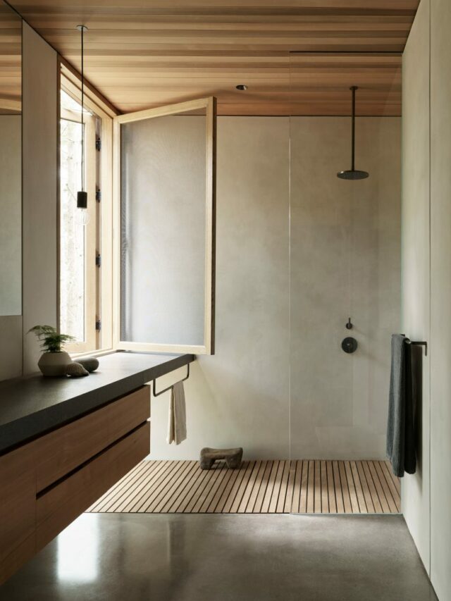 brown minimalistic bathroom with a shower and washbasin