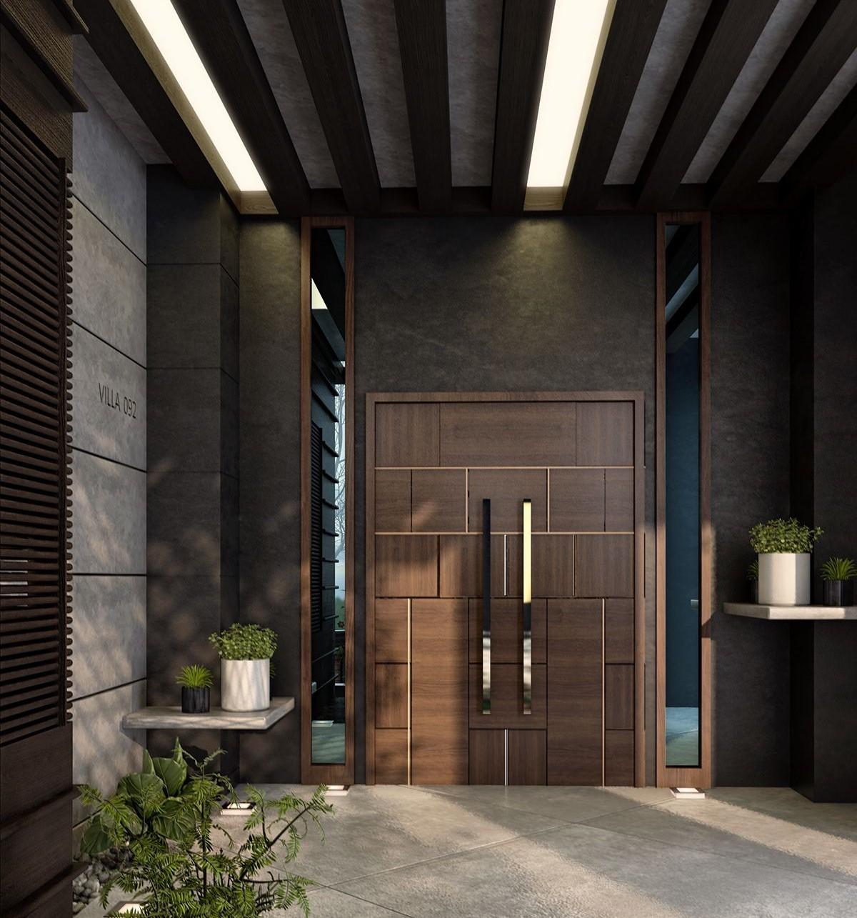 black modern wooden door design in a home main entrance with false ceiling and plants