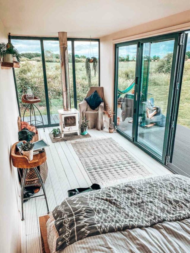 tiny house design, bedroom, room heater, bed, windows, rug, blanket