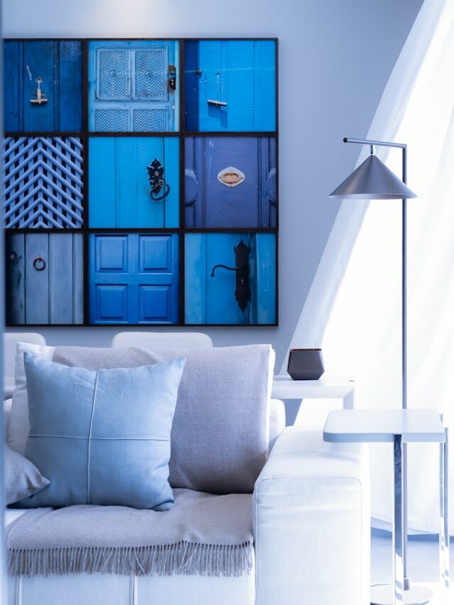 blue living room with floor lamp