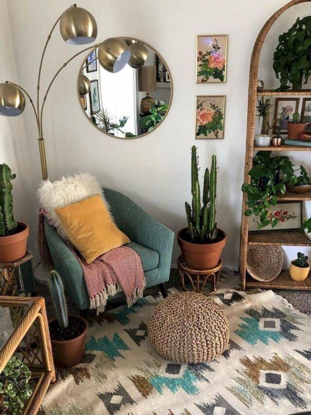 nature-inspired decor, rug, furniture, indoor plants, floor lamps