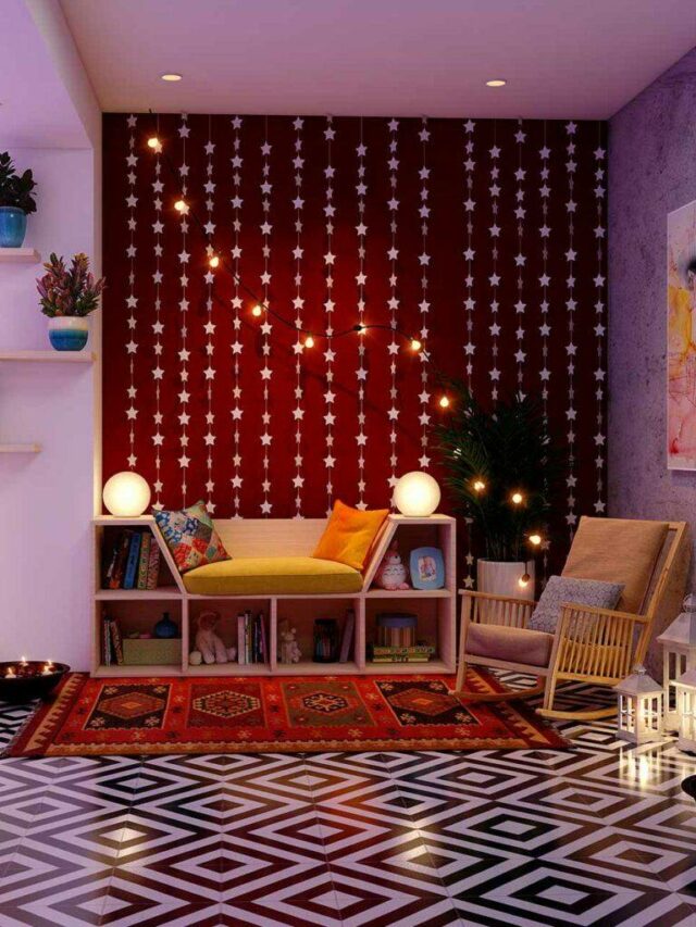 red wall in a living room with string lights decor