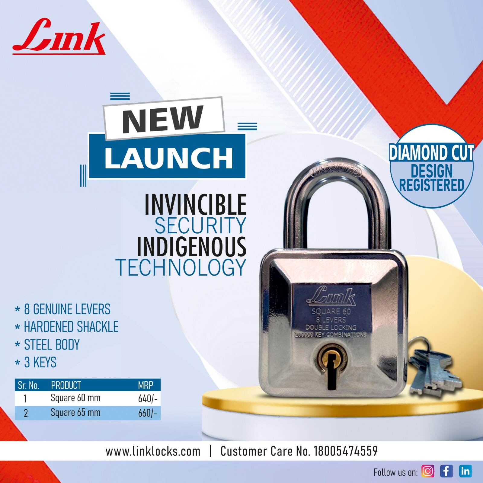 Link Locks square padlock with diamond cut design, double locking mechanism, 8 levers and glossy finish
