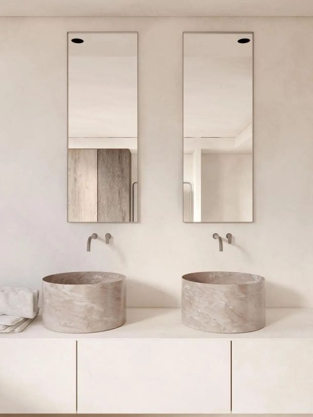 minimalistic bathroom with twin washbasin