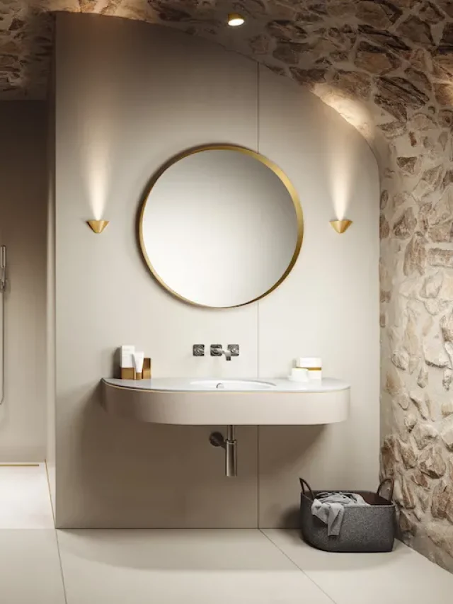 beige sustainable bathroom with mirror lighting and washbasin