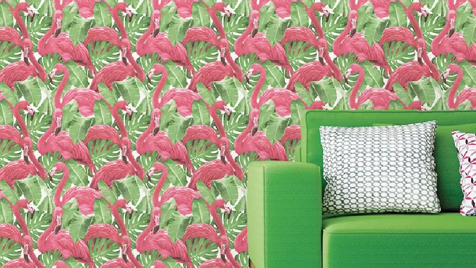 Flamingos on wall in a living room