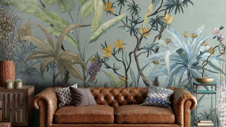 Floral wallpaper design for living room with a brown leather sofa