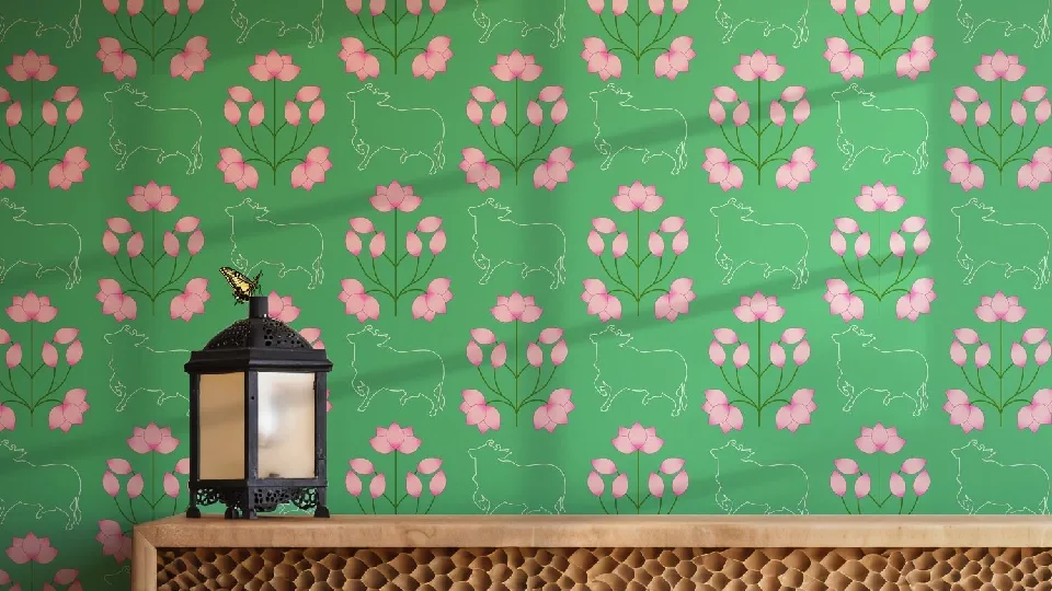 Green wallpaper with a lantern on the table in the front