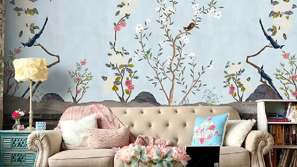 Life n colours floral wallpaper in a living room wish sofa and cushions