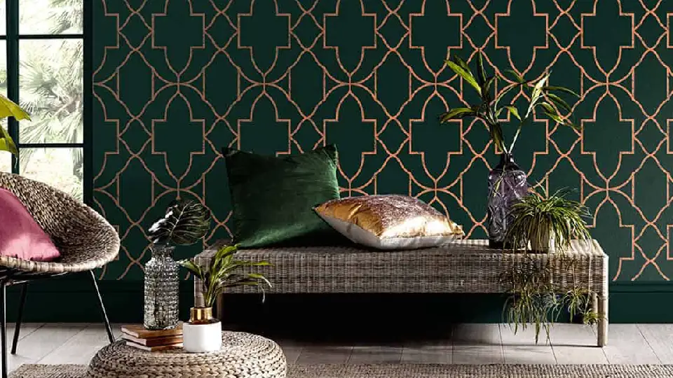 living rodark green wall with golden accents