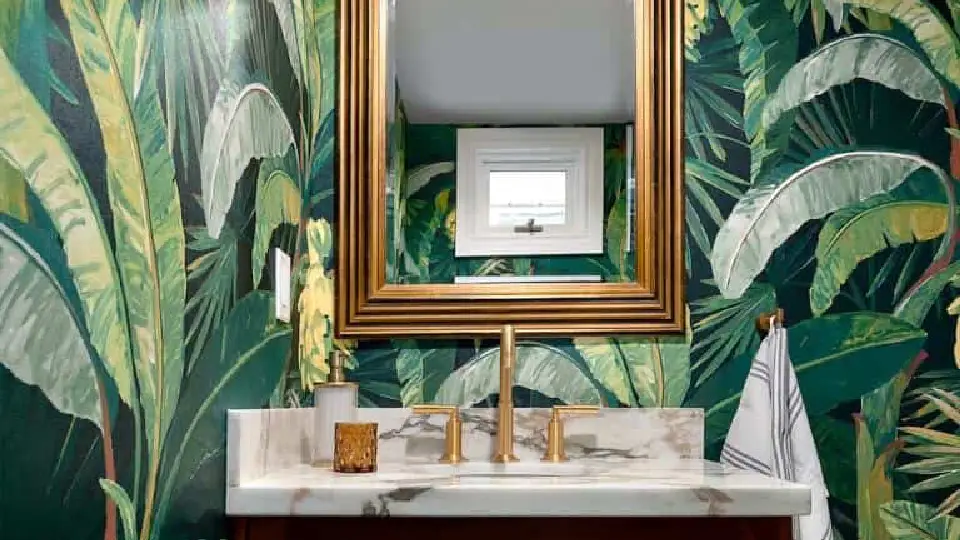 green wallcovering in a bathroom